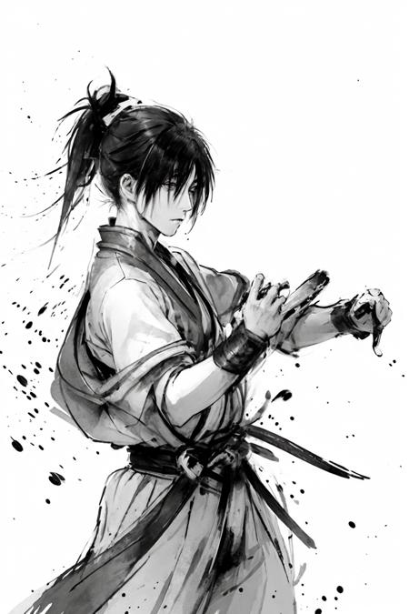 03831-1324424342-masterpiece, best quality,1boy,standing, black hair bun,cold face, upper body, (front),ink splash,martial arts, full body.png